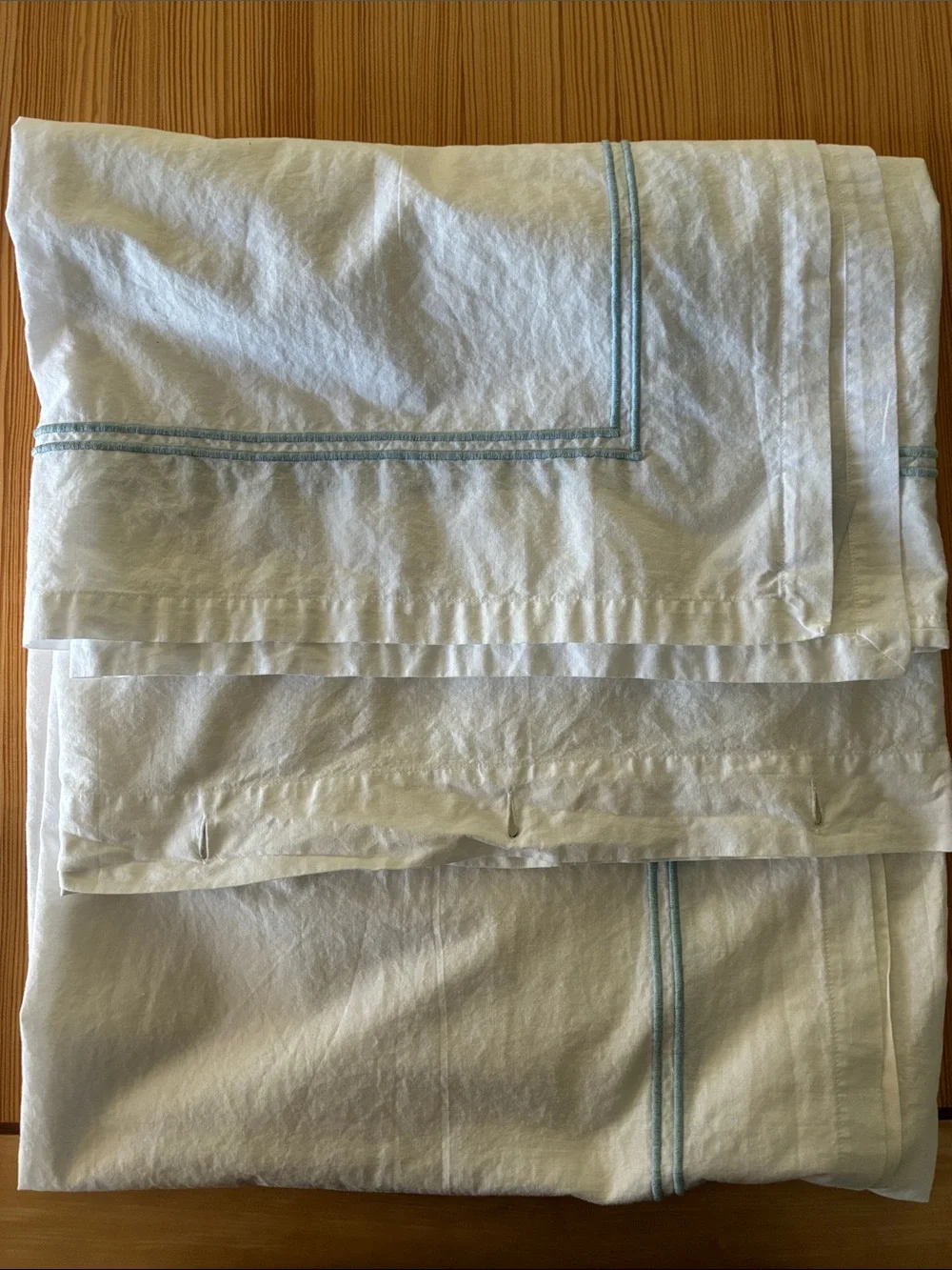 Restoration Hardware White Cotton Shower Curtain with Pale Blue Double Piping